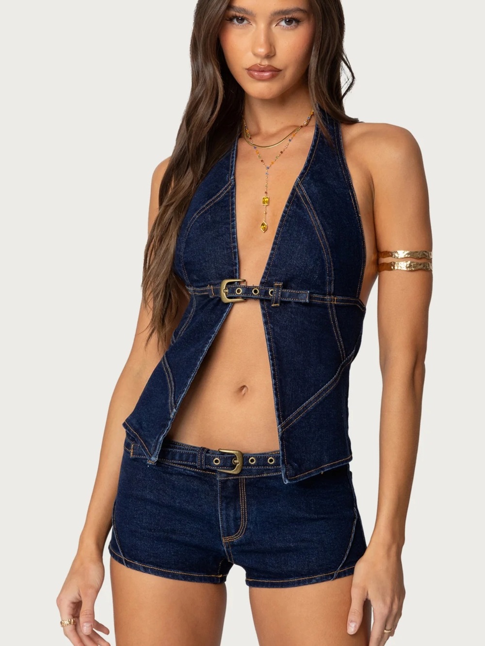 Edikted Dark Blue Denim Halter Top and Shorts Set